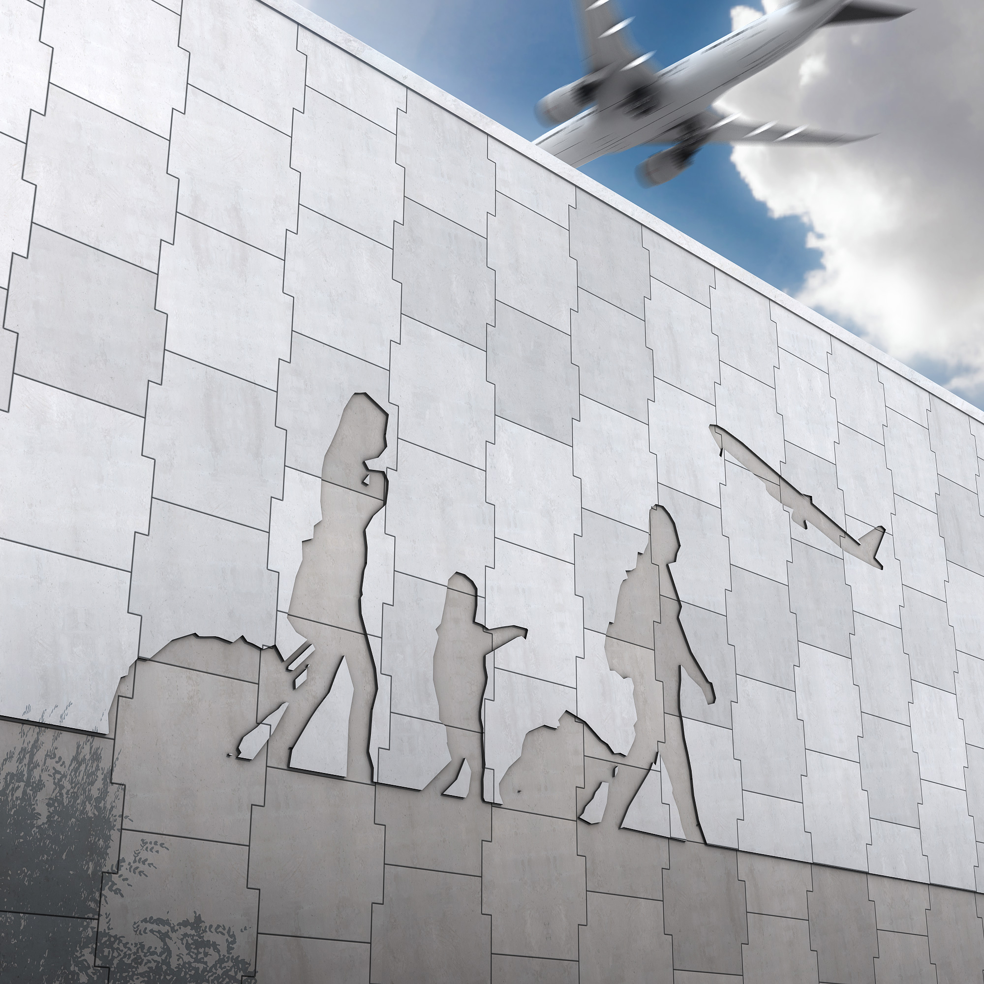 Architectural Precast Wall with Passenger Silhouette Design for Airports Precast concrete retaining wall featuring engraved passenger silhouettes, designed by Geoquest for modern airport infrastructure.