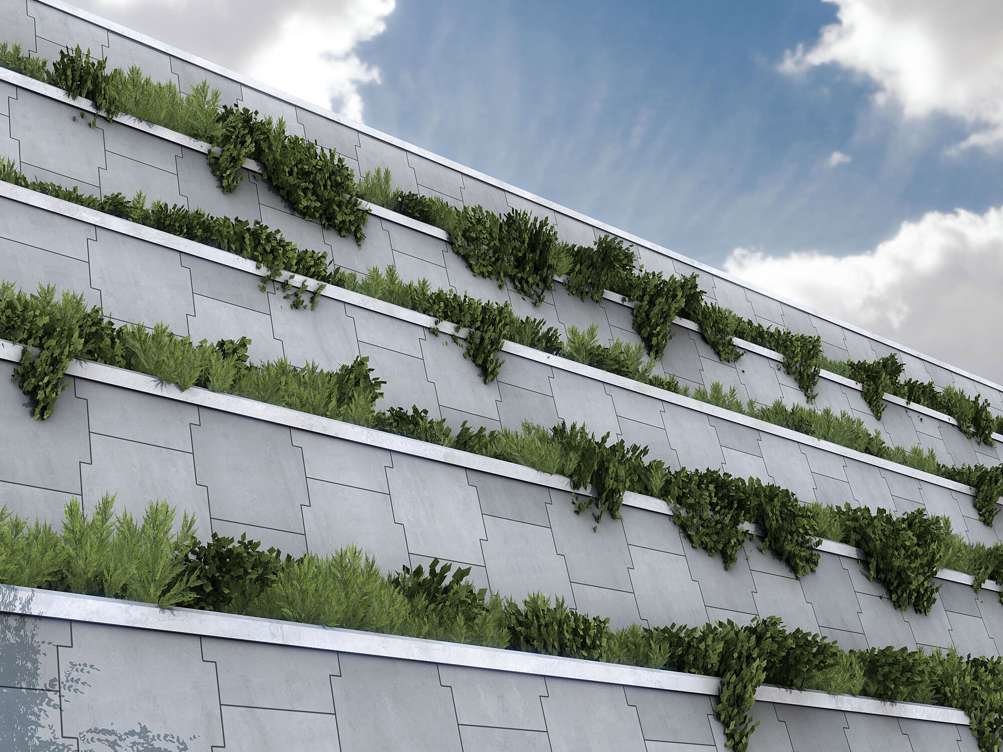 Tiered Vegetated Concrete Retaining Wall for Airport Infrastructure Tiered low carbon concrete vertical retaining wall with integrated vegetation bands supporting airport infrastructure.